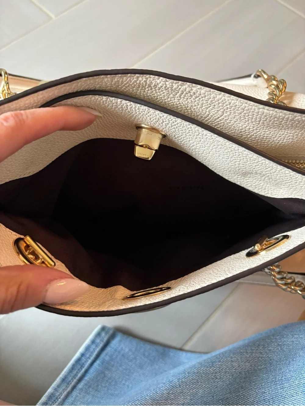 Coach Polished Pebbled Leather Turnlock Chain Tote 27 | Creamy White